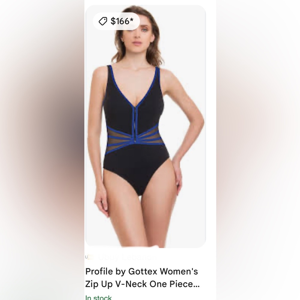 Nwot zip up one piece black & blue womens swim suite by gottex size 8